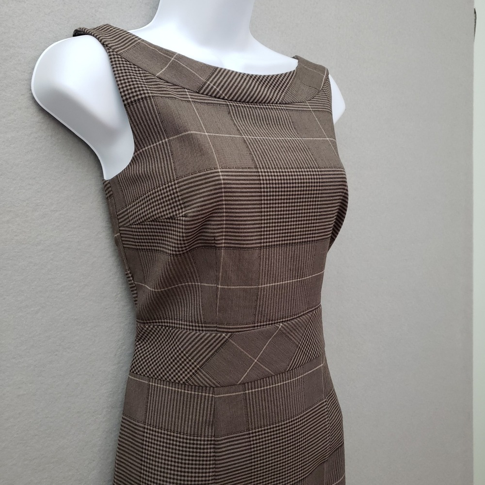 H&M 6 Sheath Dress Brown Glen Plaid Boat Neck Sleeveless Retro Academia Preppy - Picture 12 of 16